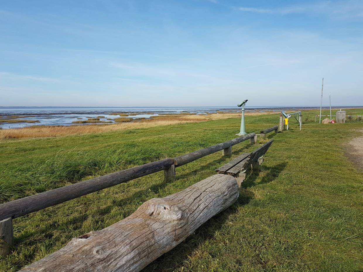 Aussichtpunkt mit einem Fernglas am Parkplatz vor dem Wattenmeer