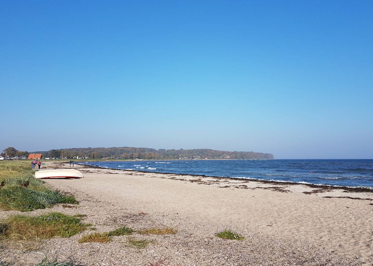 Blick auf die flache Diernaes Bucht mit breitem Strand und Ferienhäusern