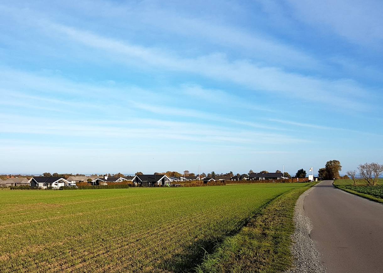 Blick über eine schmale Straße und ein Feld zu einer Ferienhaussiedlung