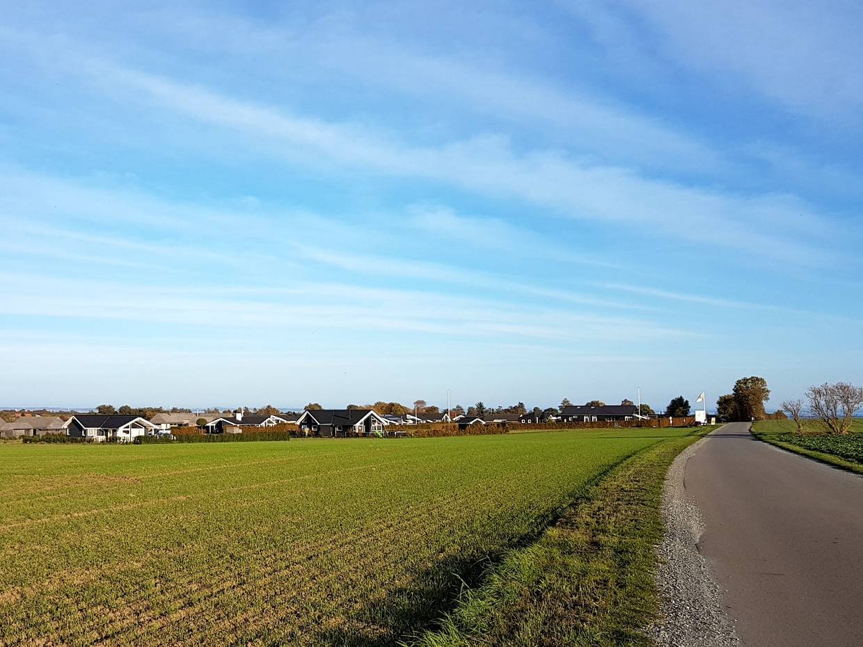Blick über eine schmale Straße und ein Feld zu einer Ferienhaussiedlung