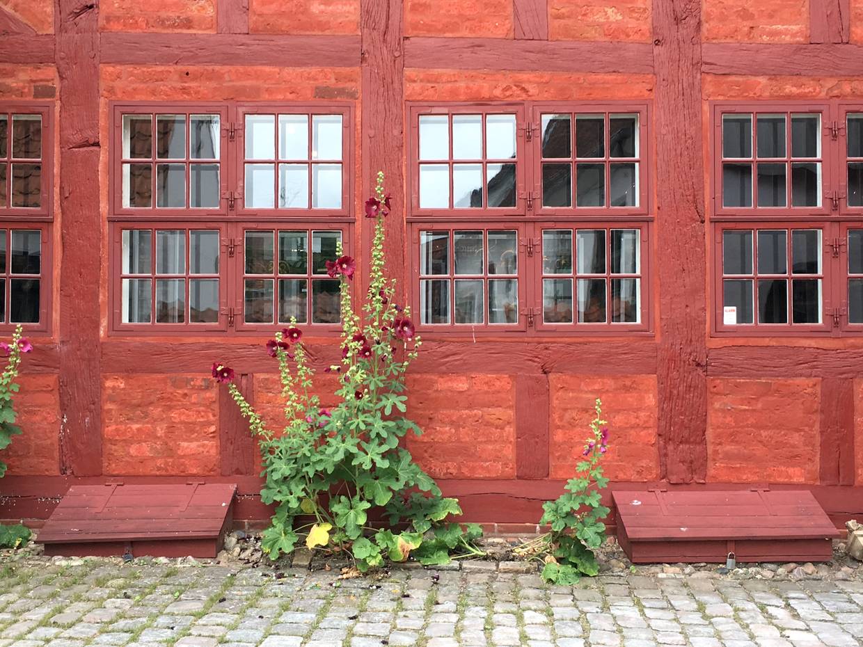 Ausschnitt eines roten Fachwerkauses mit Sprossenfenster