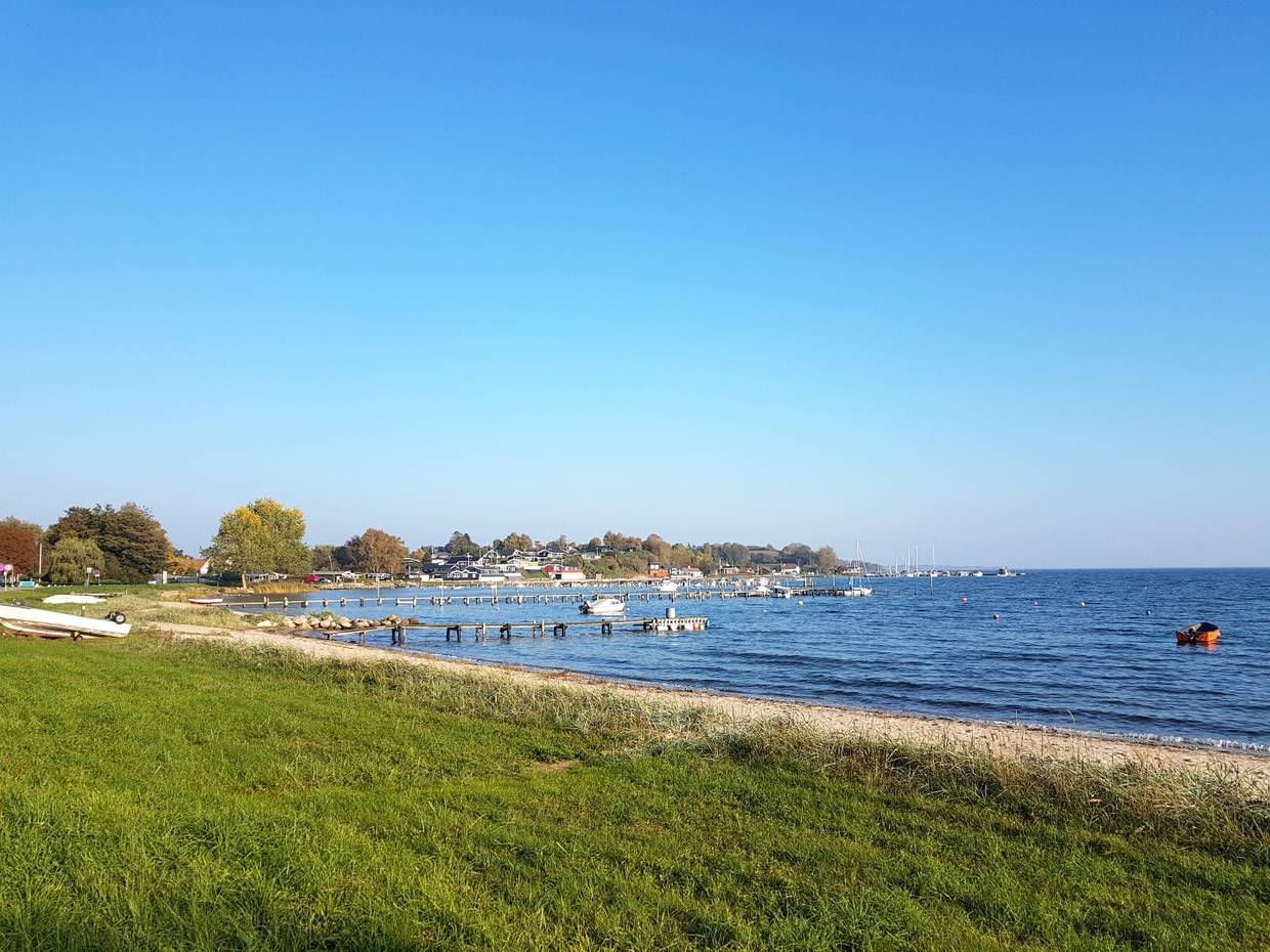 Ostseebucht mit Bootsstegen, grünen Wiesen und Häusern im Hintergrund