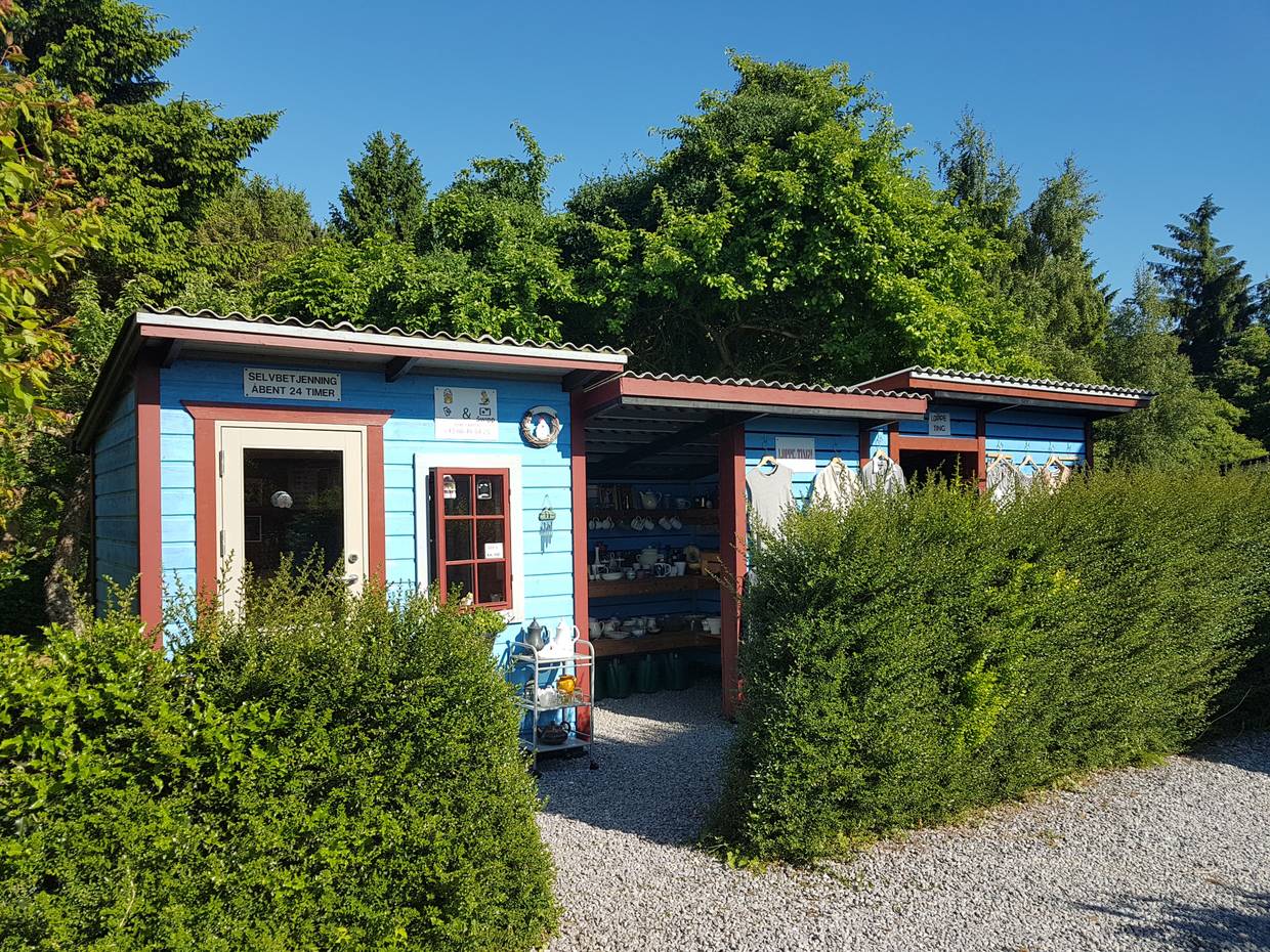 Leuchtend türkises Gartenhaus mit Flohmarktartikeln