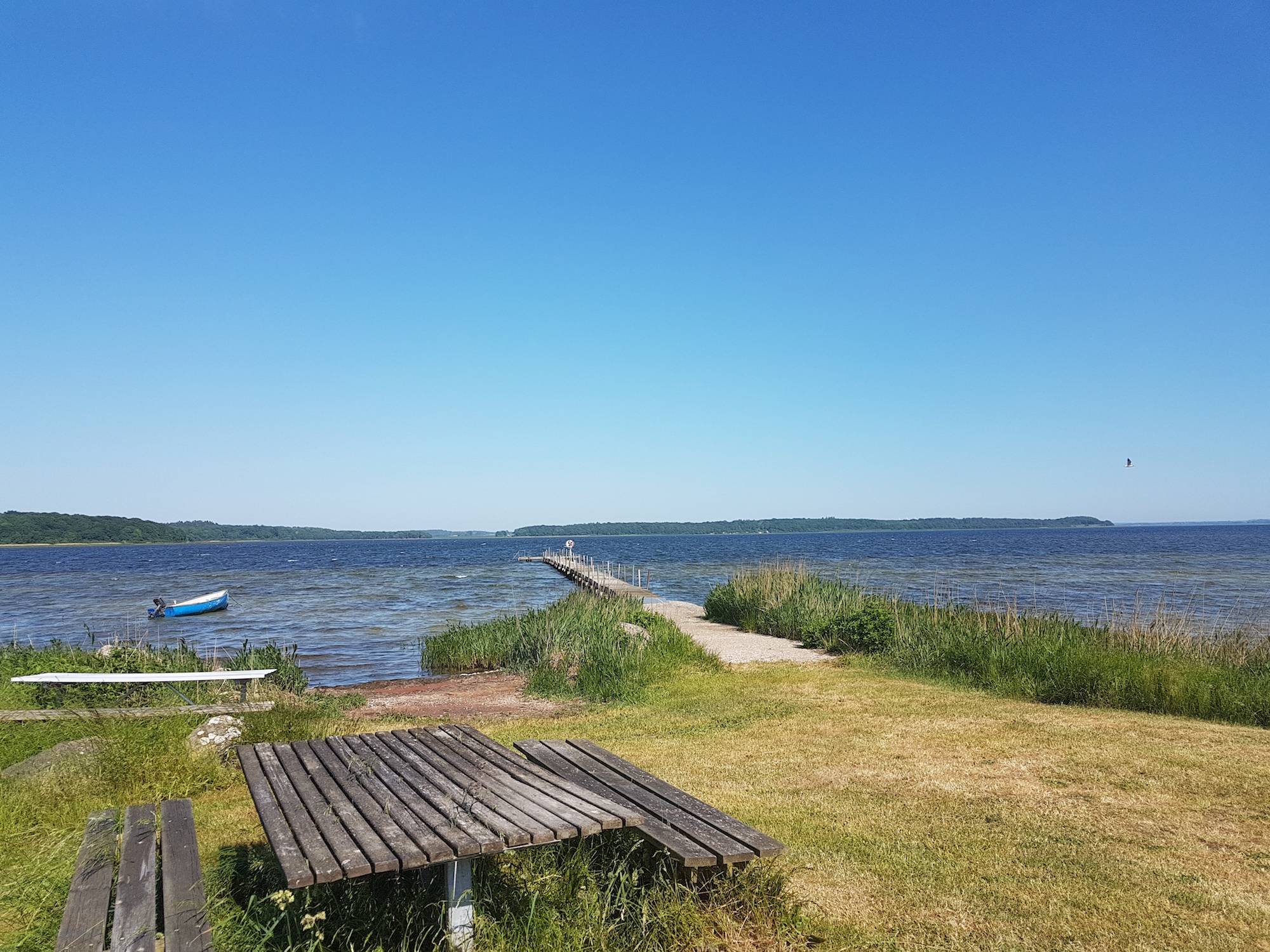 Picknickbänke und ein Steg am Fjordufer