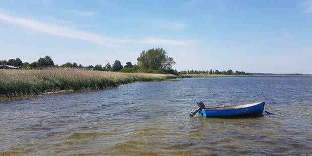 Eine grüne Bucht mit einem kleinen Boot, im Hintergrund Ferienhäuser