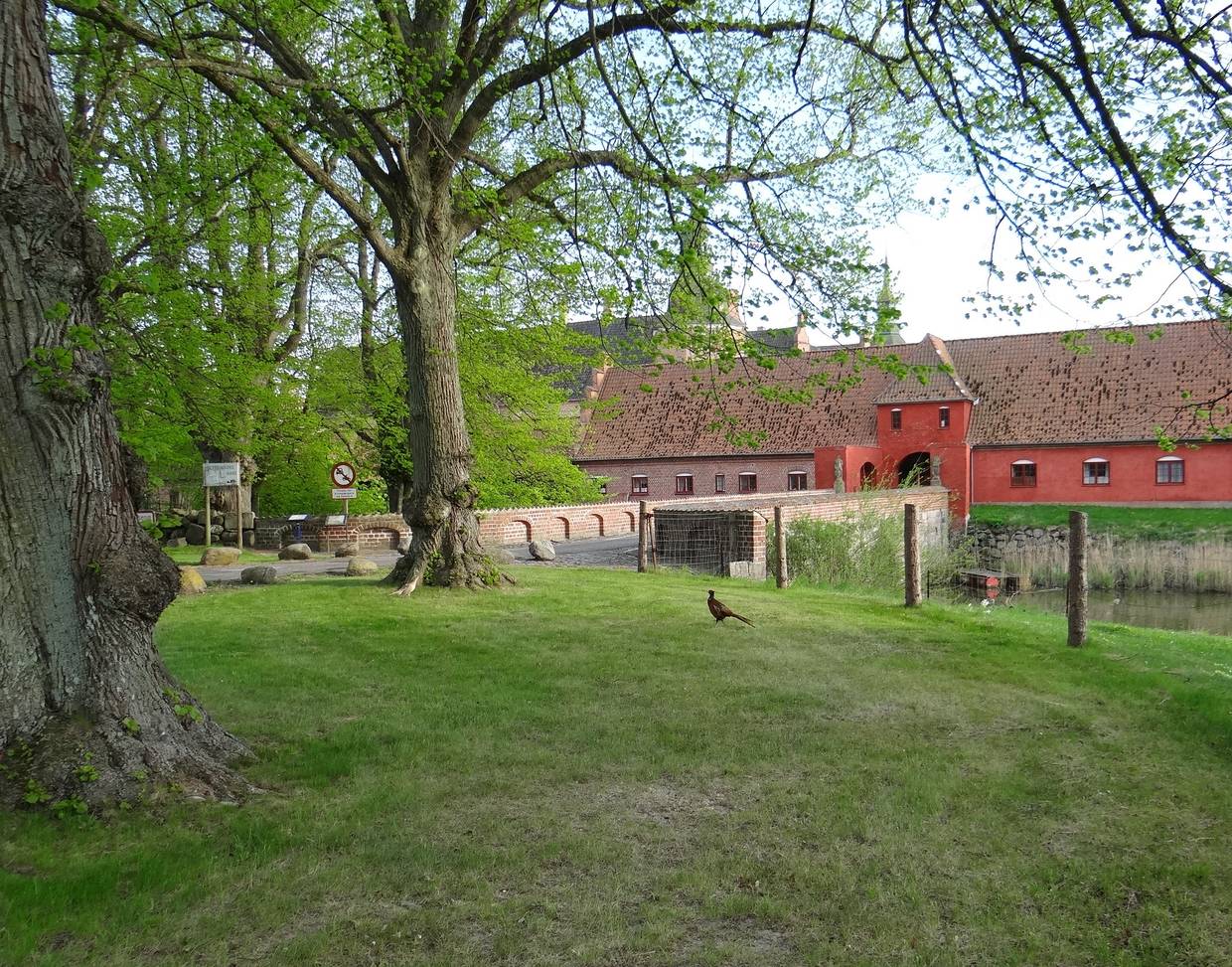 Die Brücke zu einem roten Schloss, von Bäumen und einem Graben umgeben