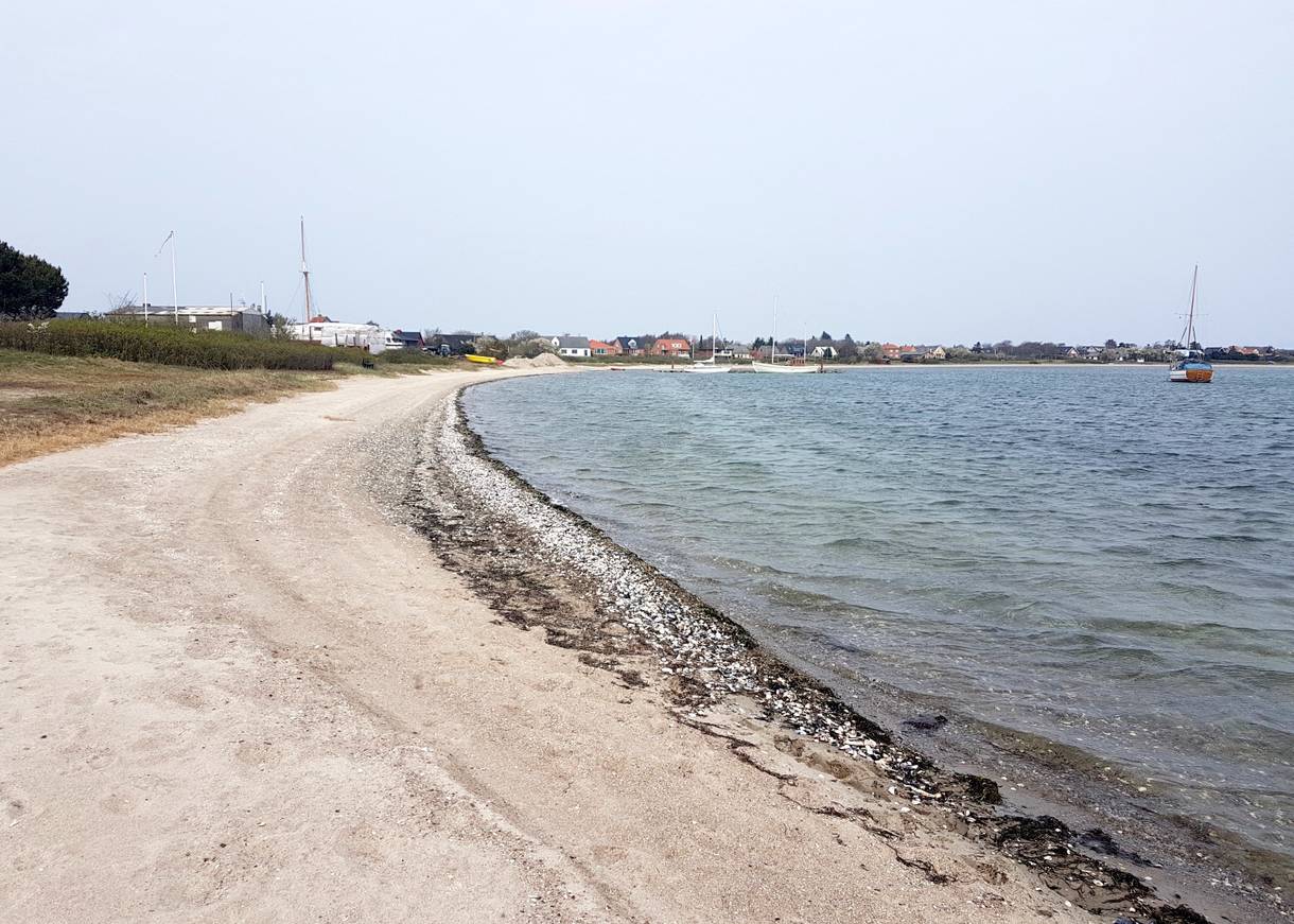 Schmaler Sandstrand mit einigen Muscheln an der Wasserkante