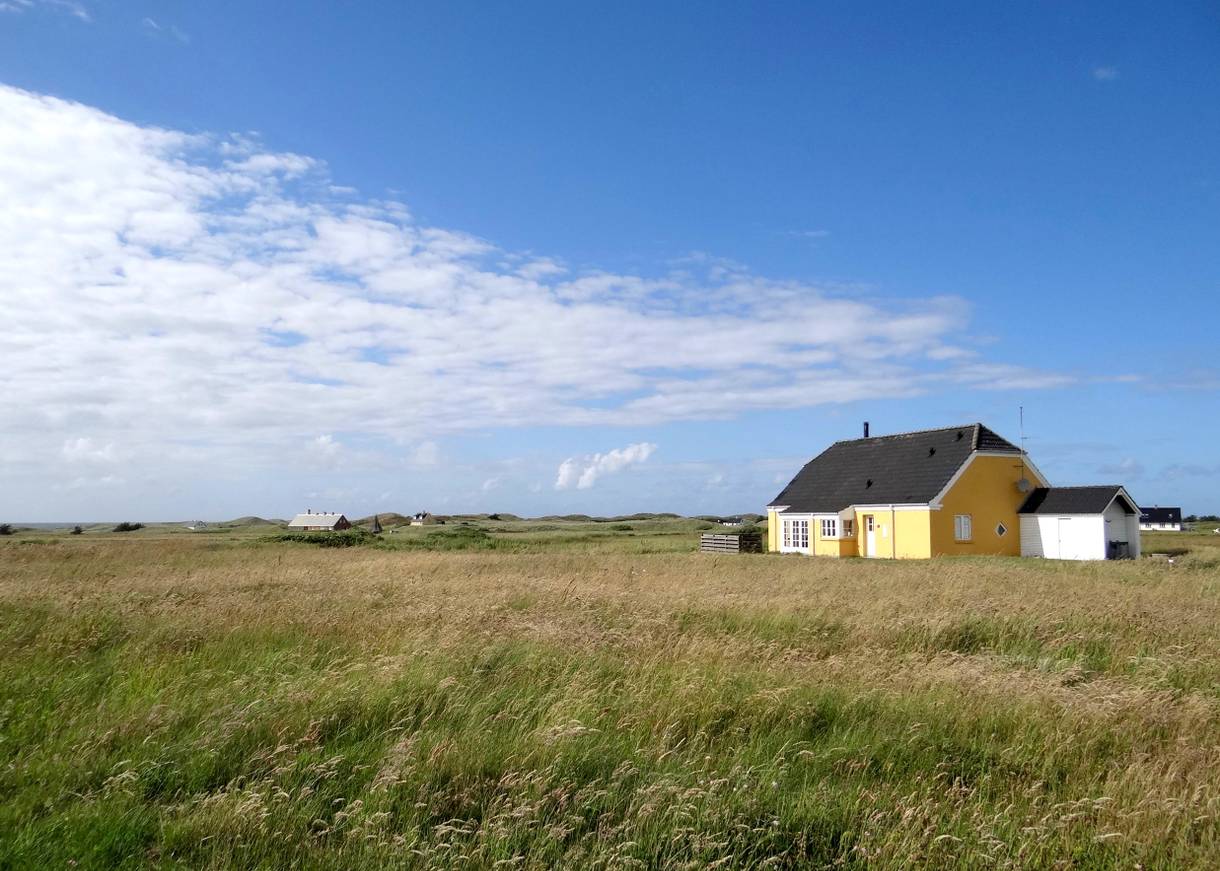 Ein gelbes Haus auf einer weitläufigen Wiese mit Dünen im Hintergrund