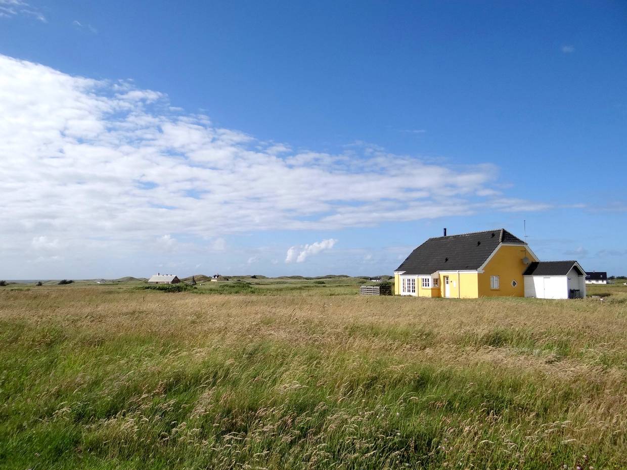 Ein gelbes Haus auf einer weitläufigen Wiese mit Dünen im Hintergrund