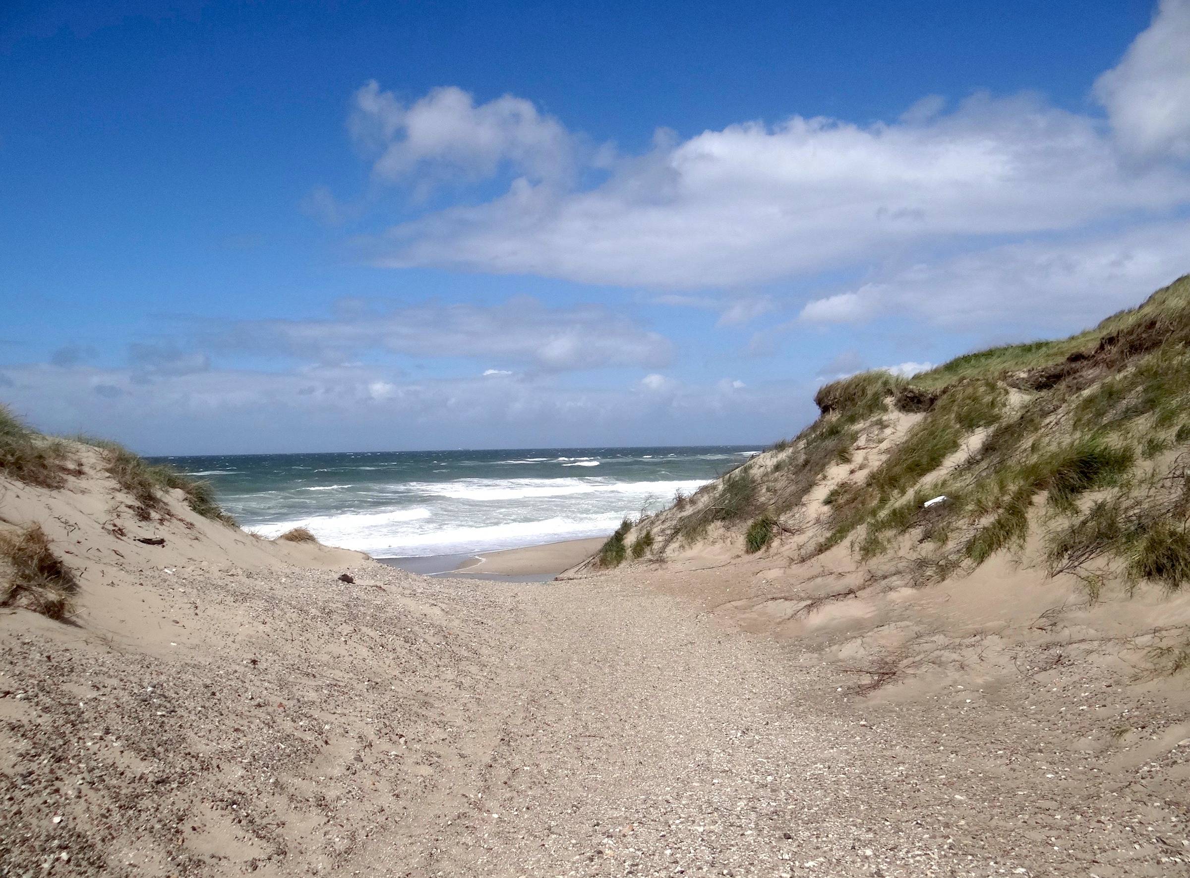 Blick durch die Dünen auf die Nordseewellen