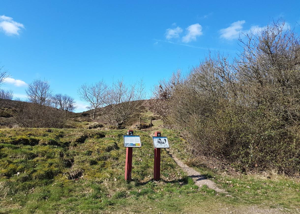 Schmaler Pfad durch die Landschaft, davor ein Hinweisschild