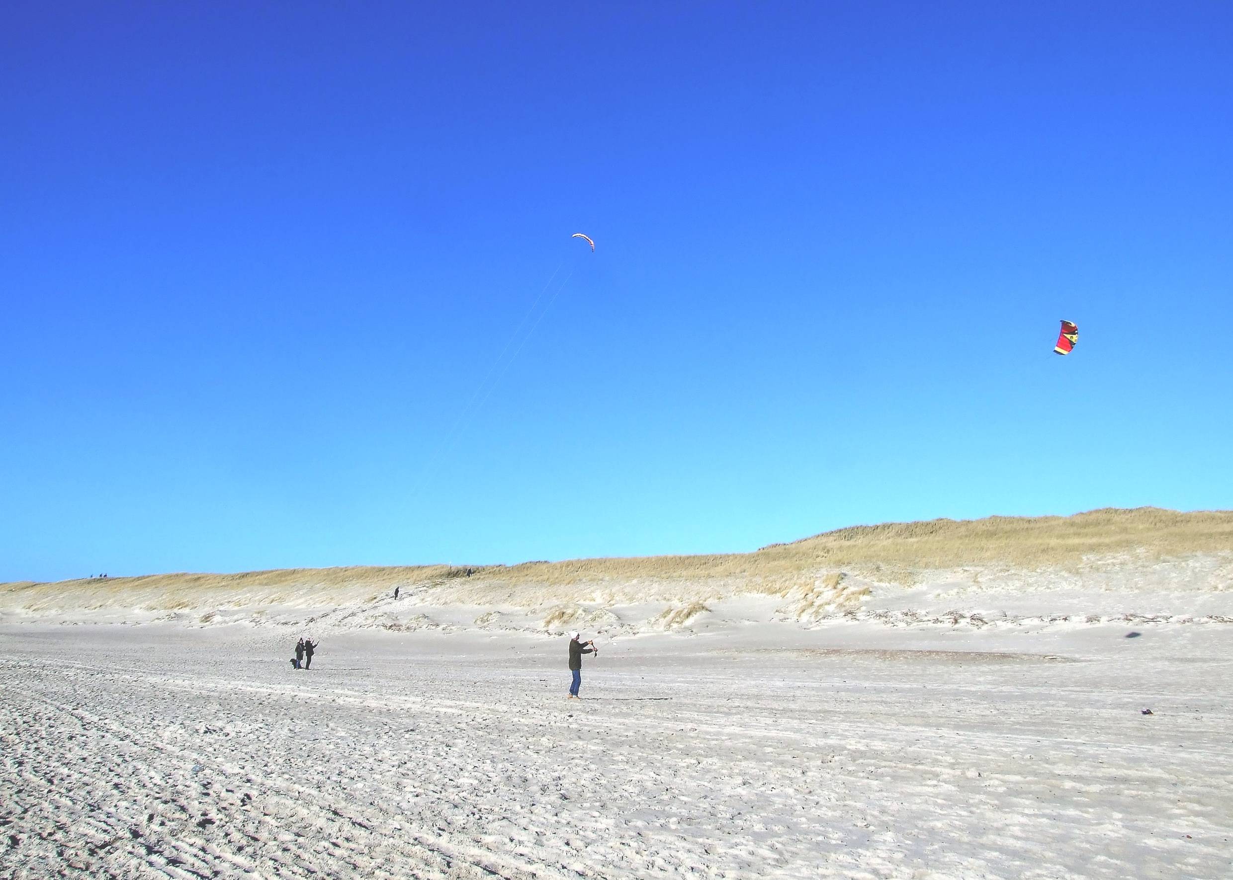 Nordseestrand und Dünen, drei Personen lassen einen Drachen fliegen