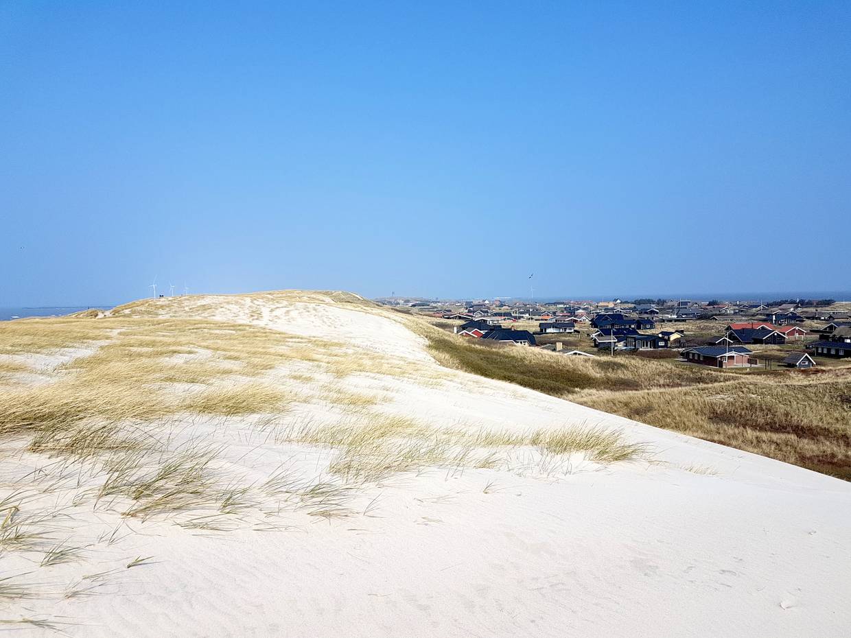 Ferienhaussiedlung hinter einer weißen Düne
