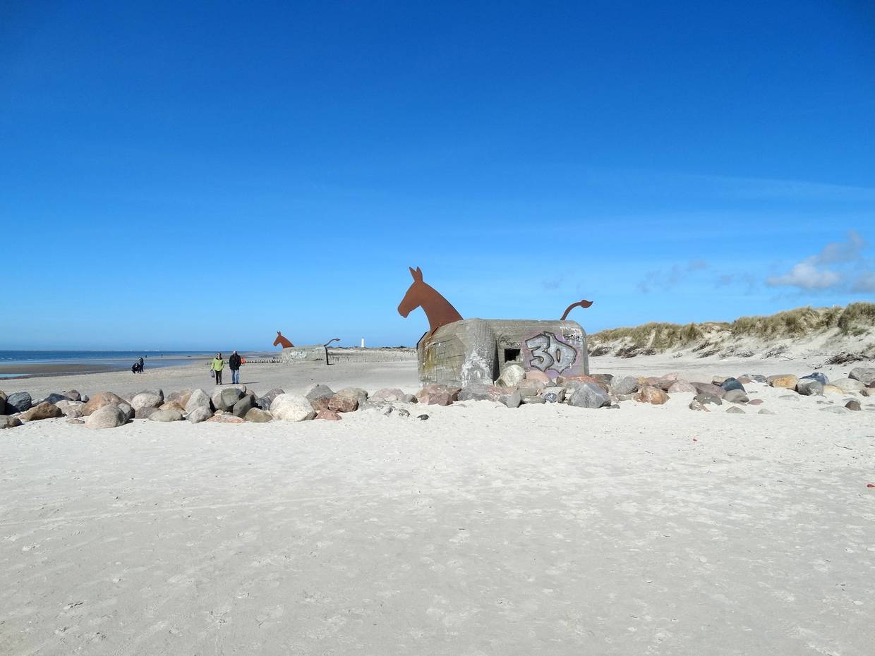 Strand mit Bunkern, auf die ein Maultierkopf geschweißt wurde