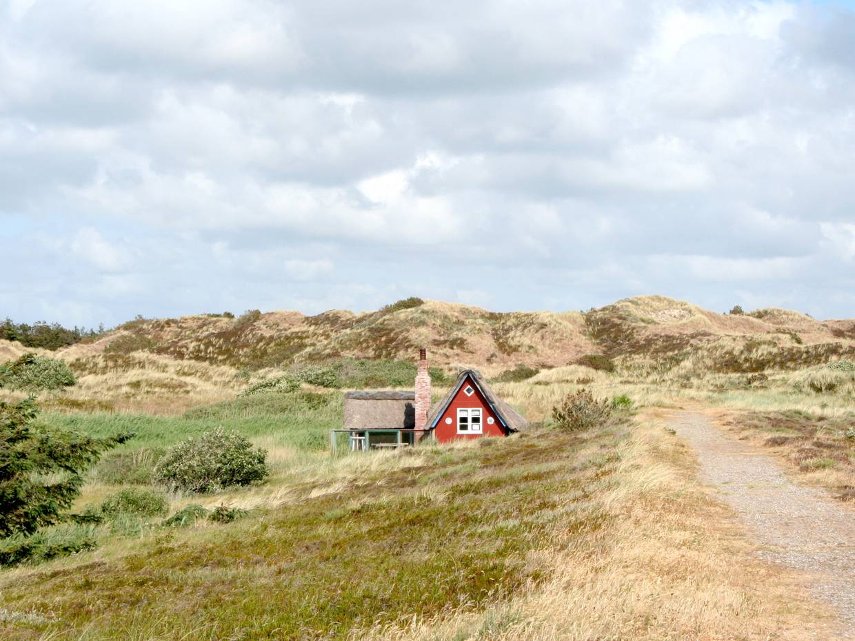Wanderweg durch die Dünenlandschaft mit einem roten Reetdachhaus am Weg