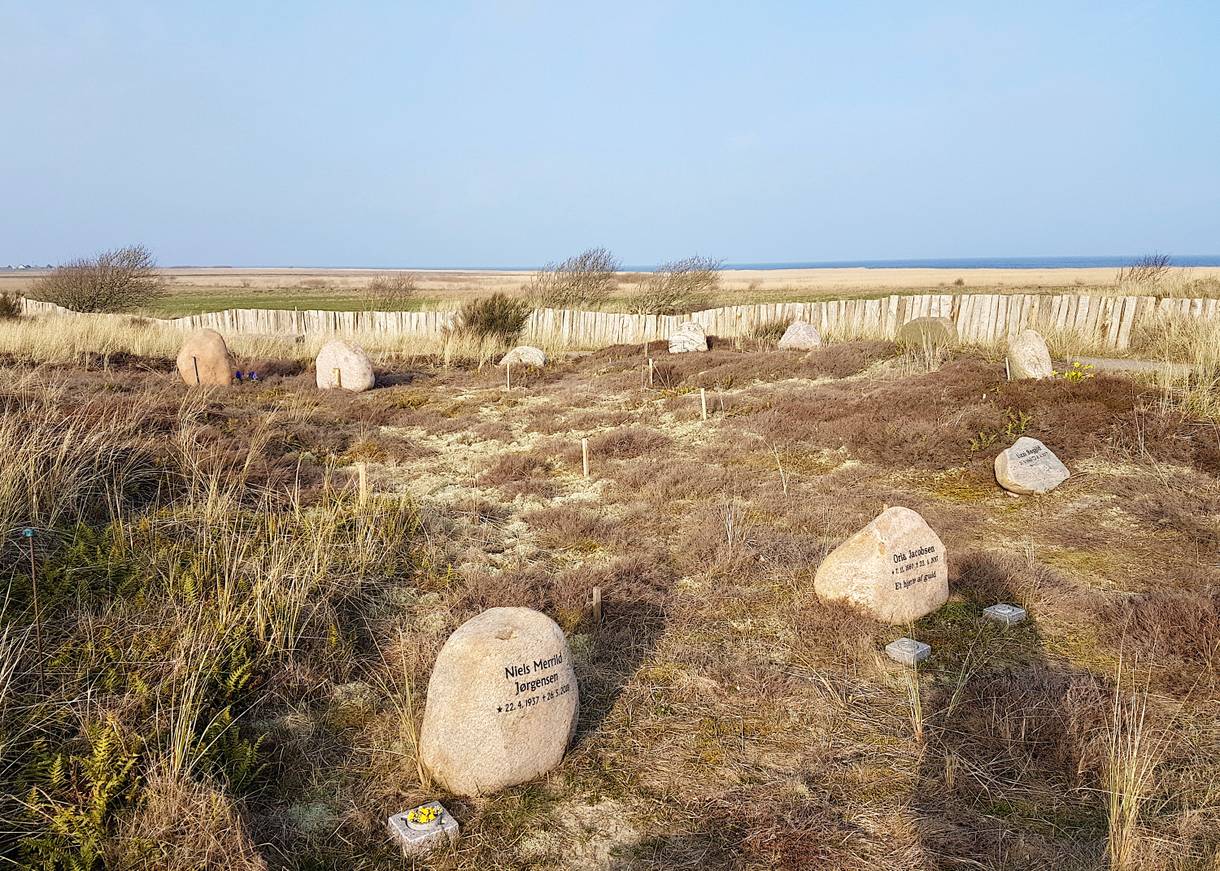 Gräber mit kleinen Felssteinen, dazwischen naturbelassene Heide