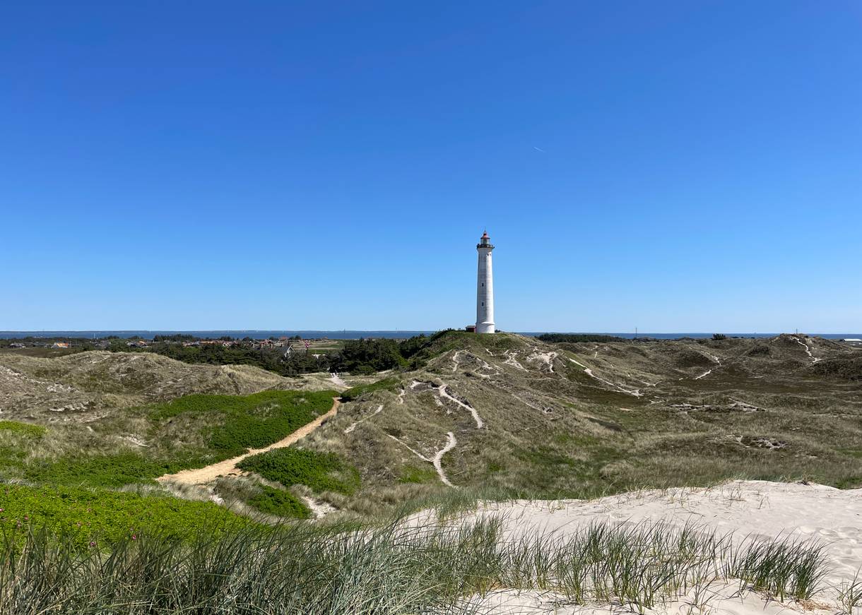 Leuchtturm in einer unbebauten Dünenlandschaft