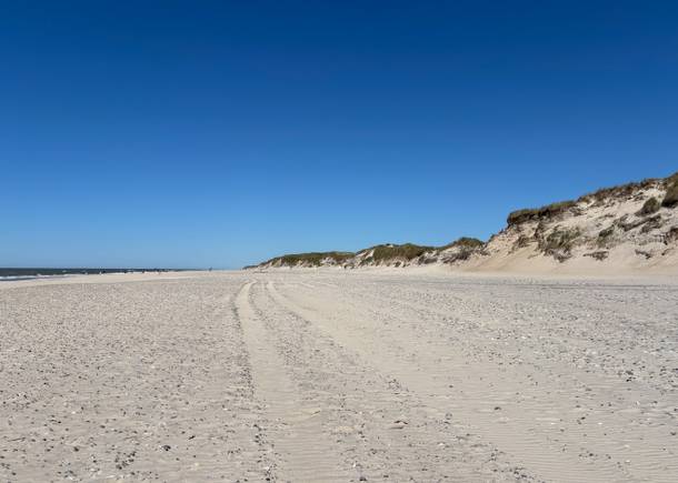 Ein großer, weißer Sandstrand unter blauem Himmel