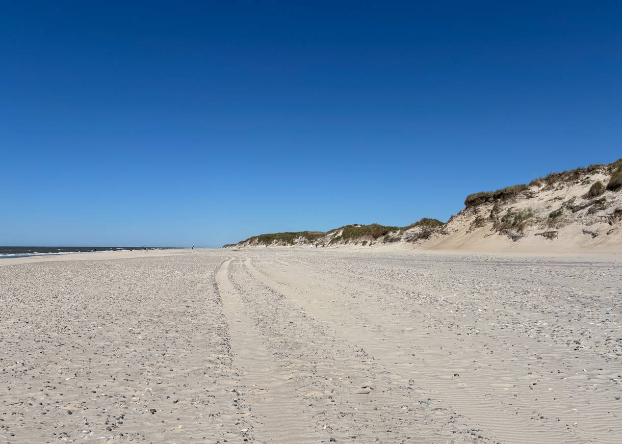 Ein großer, weißer Sandstrand unter blauem Himmel