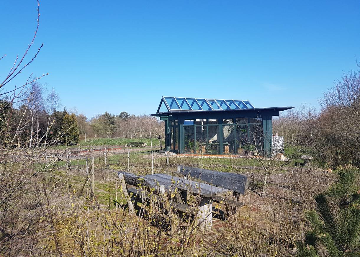 Schwarzes Gartenhaus zwischen Obstbüschen im Frühjahr