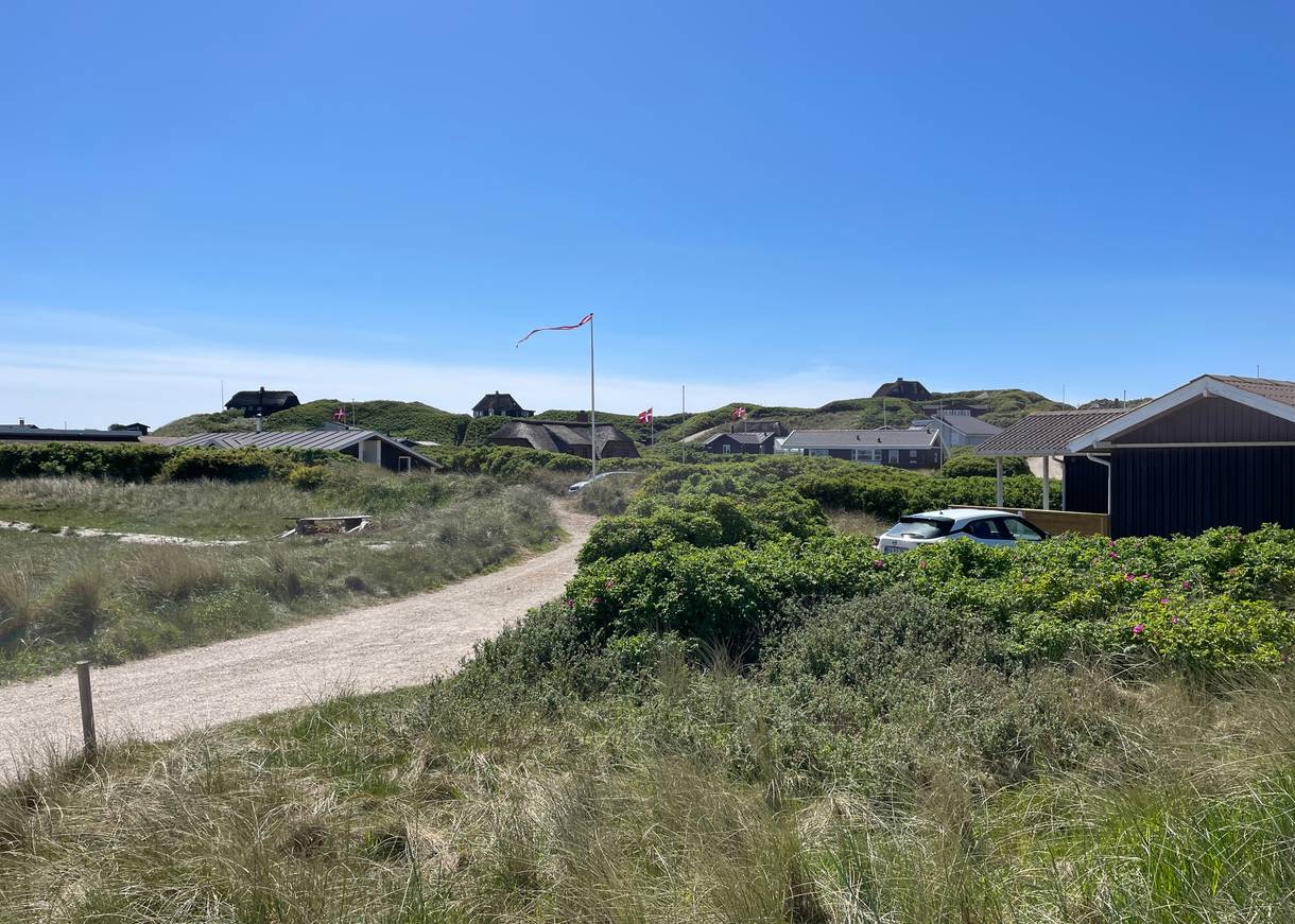 Kleiner Schotterweg mit Ferienhäuser rechts und links in den Dünen versteckt