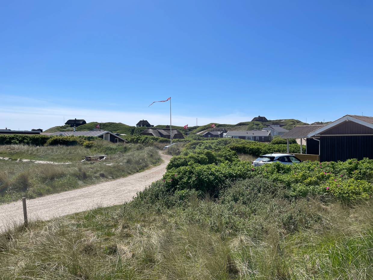 Kleiner Schotterweg mit Ferienhäuser rechts und links in den Dünen versteckt