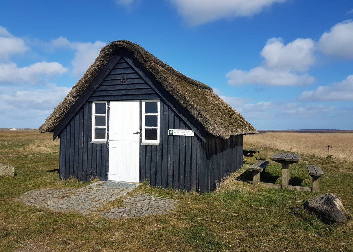 Kleine Reetdachhütte mit Picknickbank