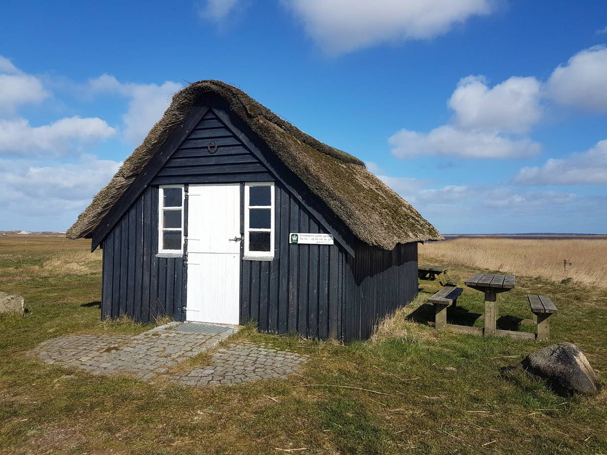 Kleine Reetdachhütte mit Picknickbank
