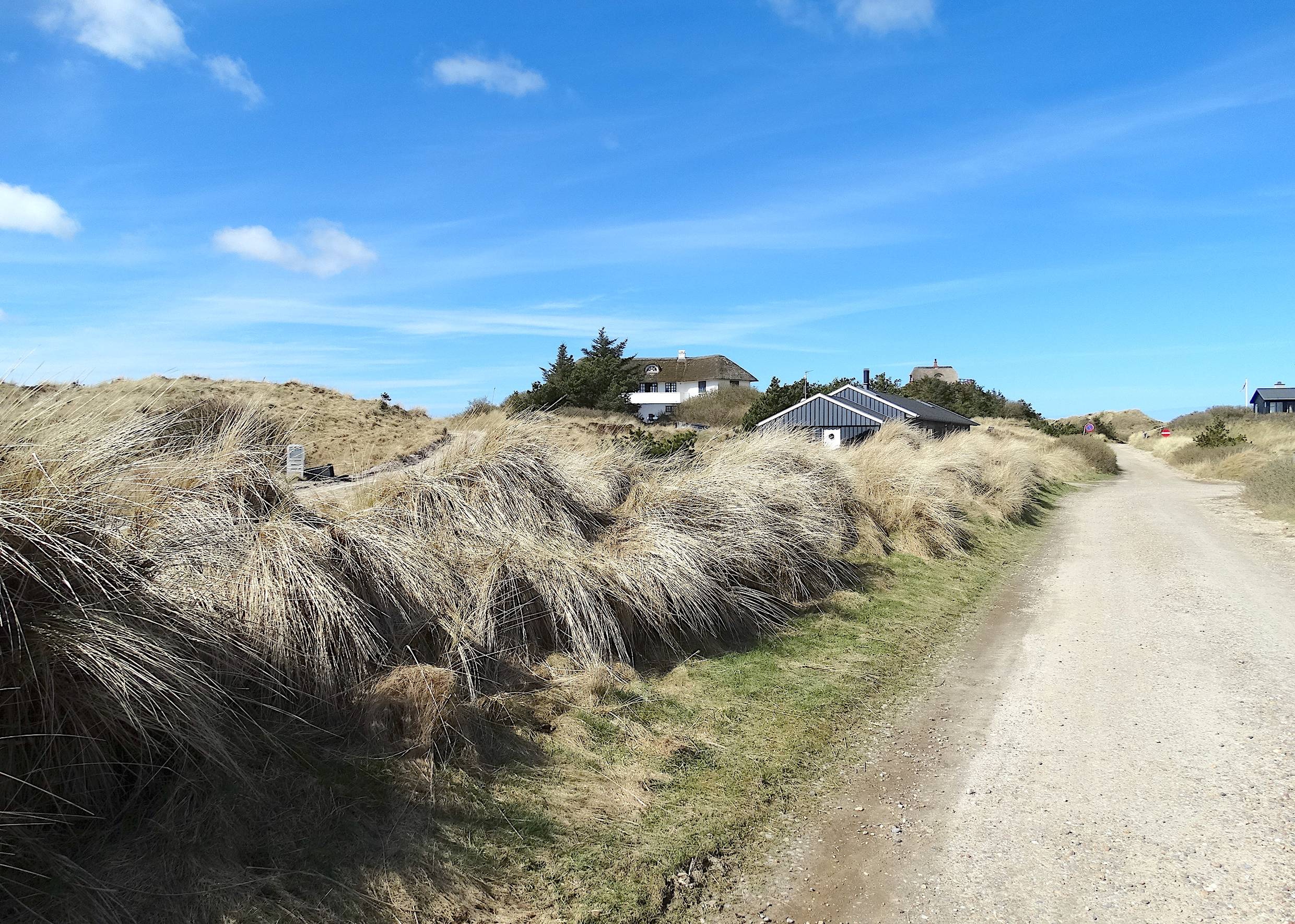 Schotterstraße in den Dünen, am Rand zwei Ferienhauser