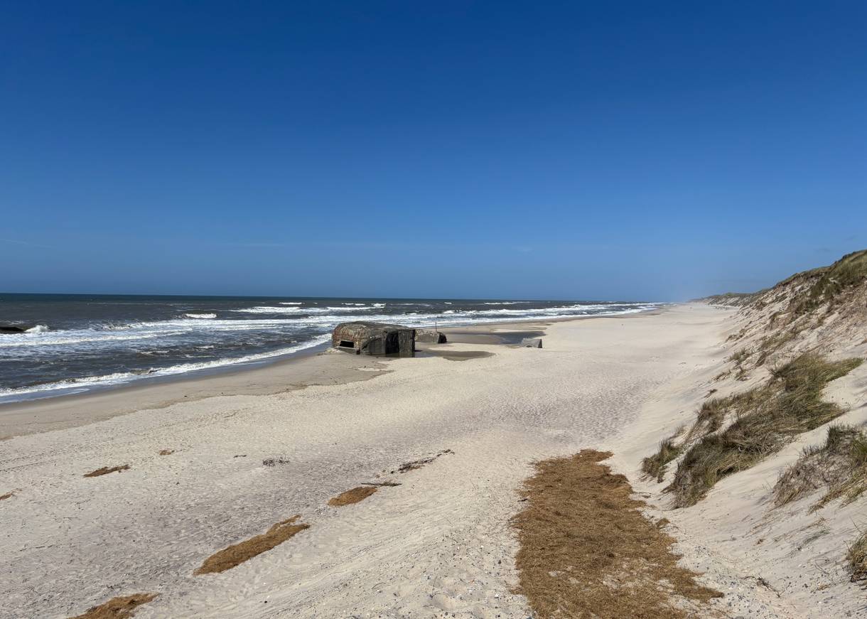 Blick über einen breiten Strand mit Dünen und einem Bunker 