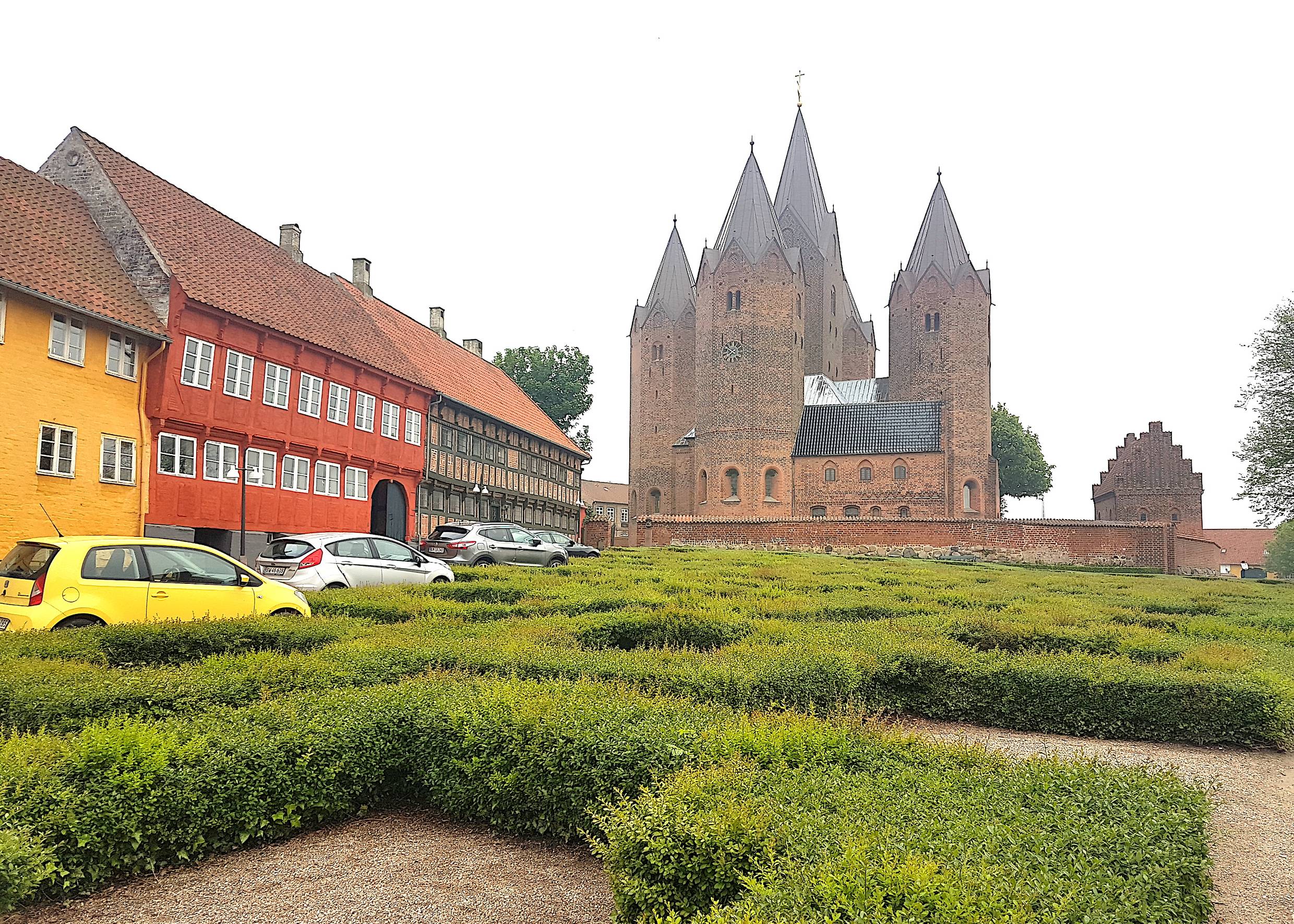 Alte Häuser und der Dom, davor ein Buchsbaumlabyrinth
