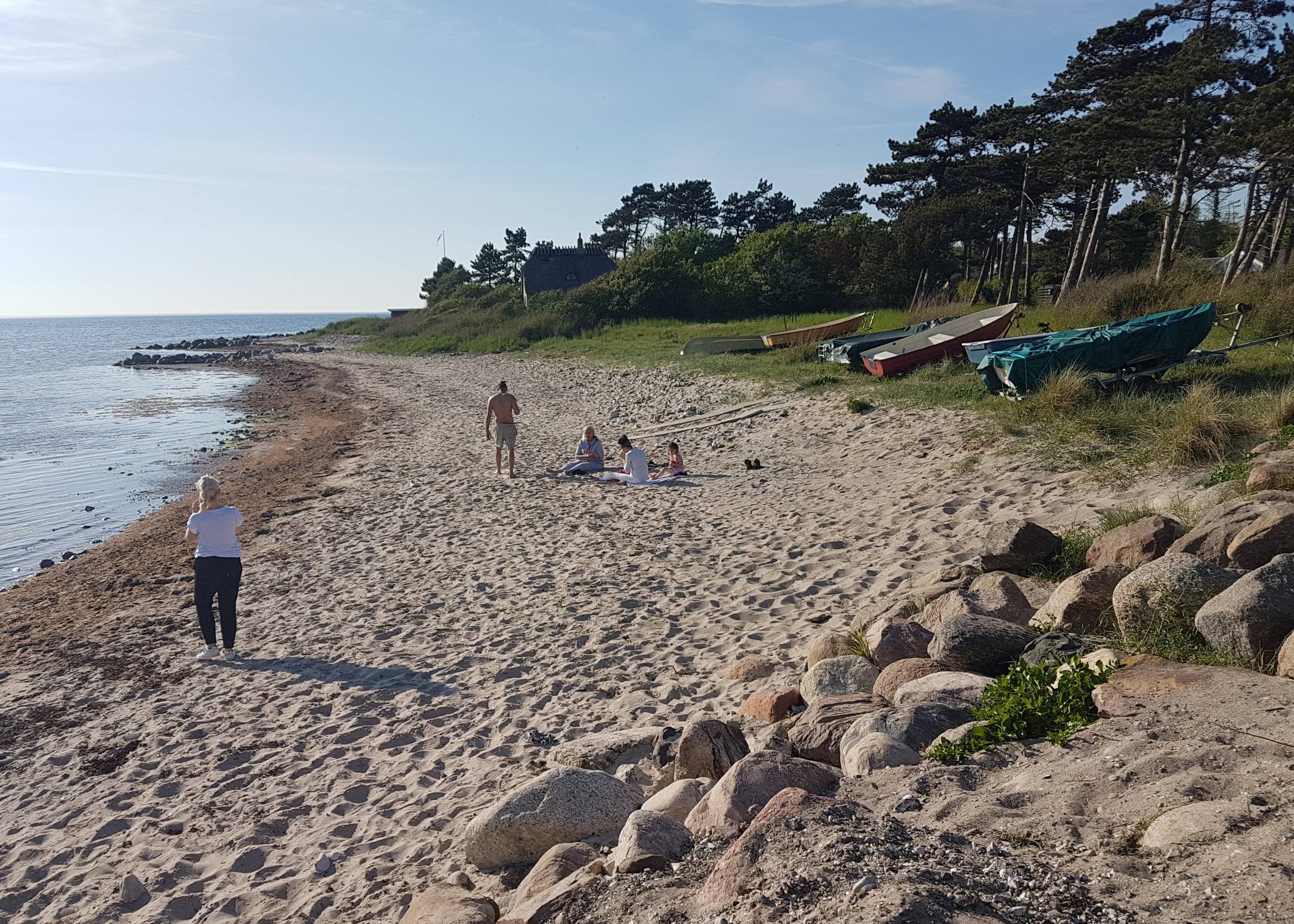 Badegäste an einer kleinen Sandbucht, dahinter Kiefern