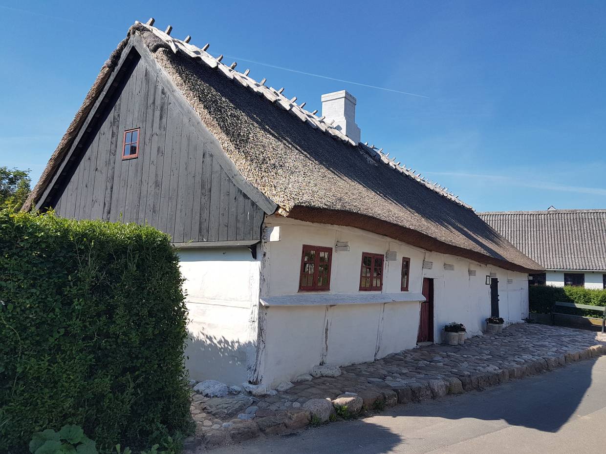 Schlichtes, kleines, weiß getünchtes Reetdachhaus