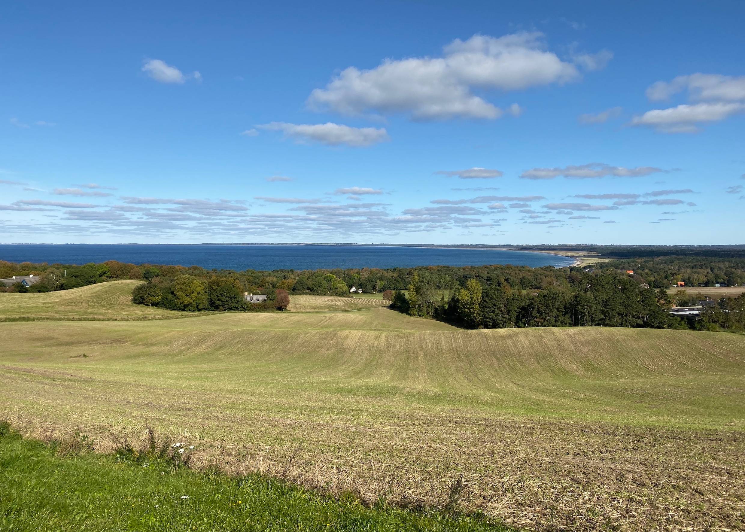 Aussicht von einem Hügel über Felder und Wiesen an der Sejerø Bugt