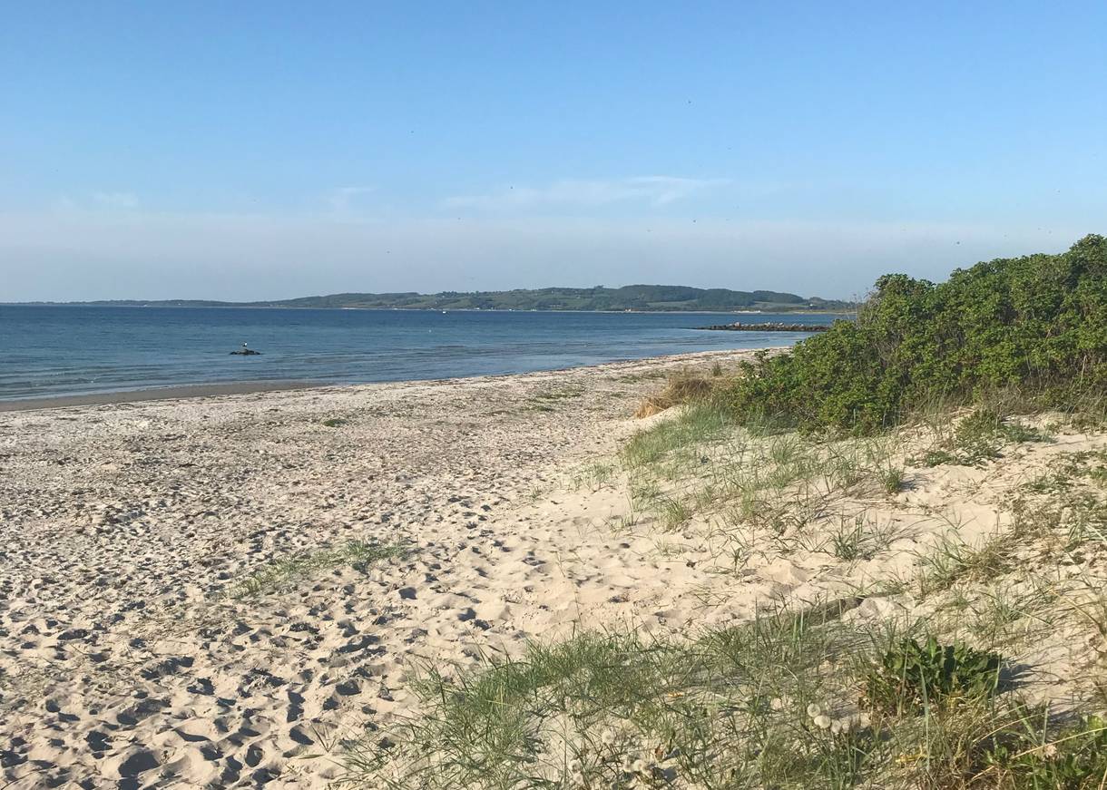 Blick über den Strand, hinter dem Meer ein grüne Anhöhe