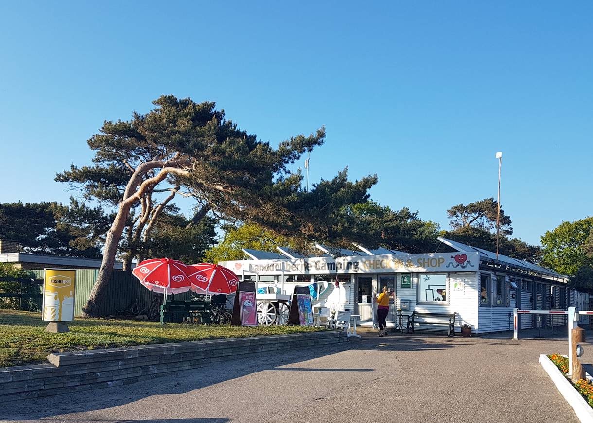 Kiosk am Campingplatz, davor rote Sonnenschirme