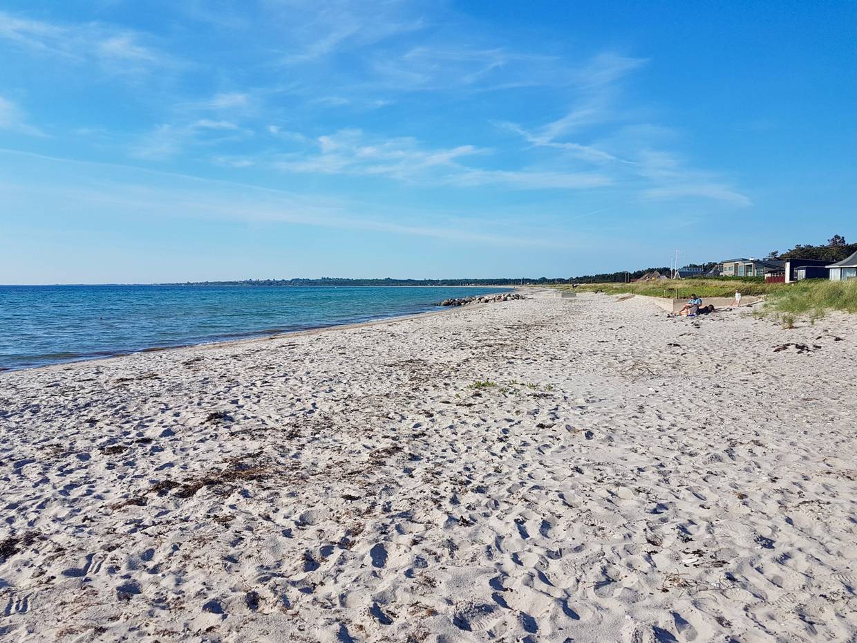 Sandstrand, am Rand einige Ferienhäuser und Badegäste